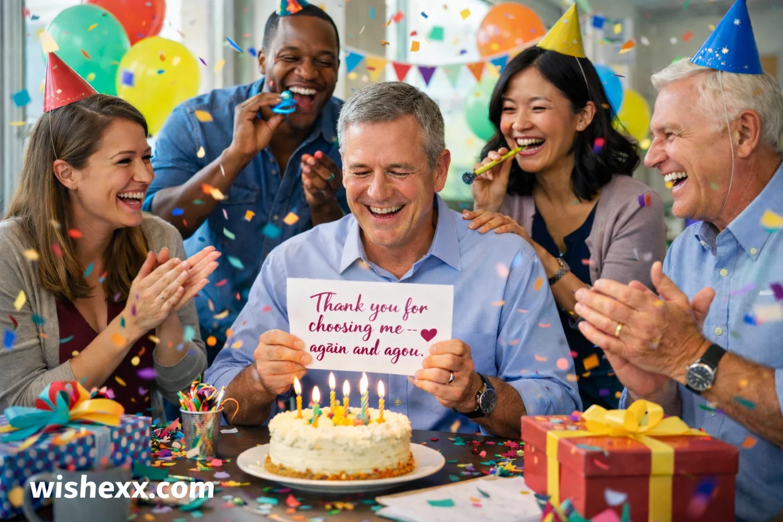 Team thanks their boss on a work anniversary during a small office celebration.”