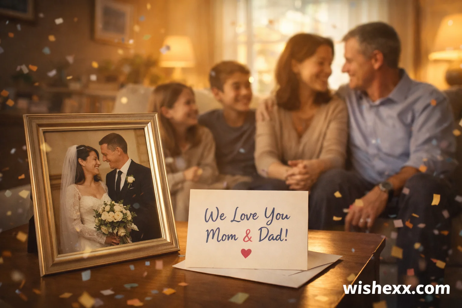 Handwritten anniversary card for mom and dad on a cozy table.”
