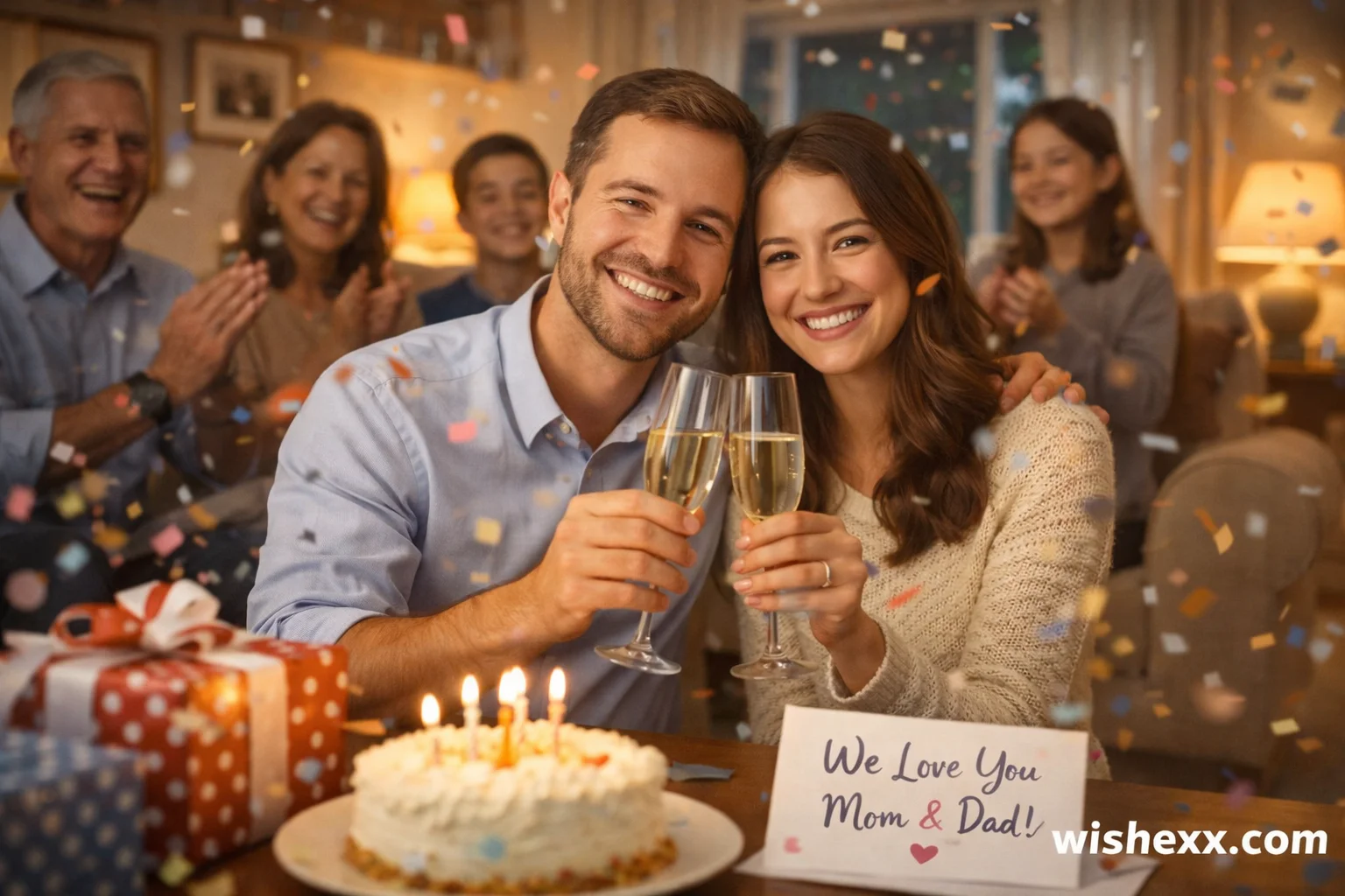Son and daughter-in-law celebrating their anniversary in a cozy family living room.