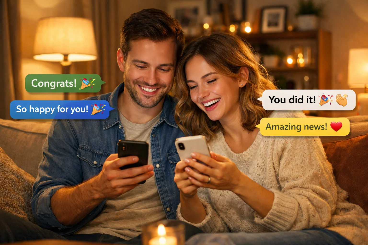 Couple crafting thank-you replies for anniversary wishes on their phones.