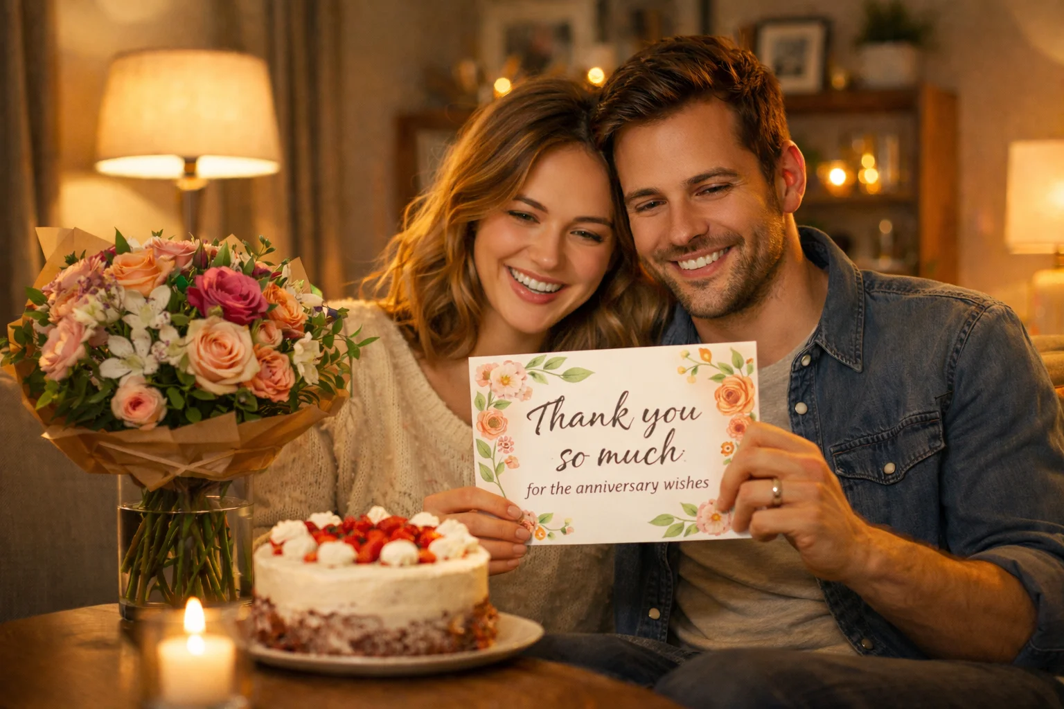 Couple reading anniversary messages, expressing gratitude.