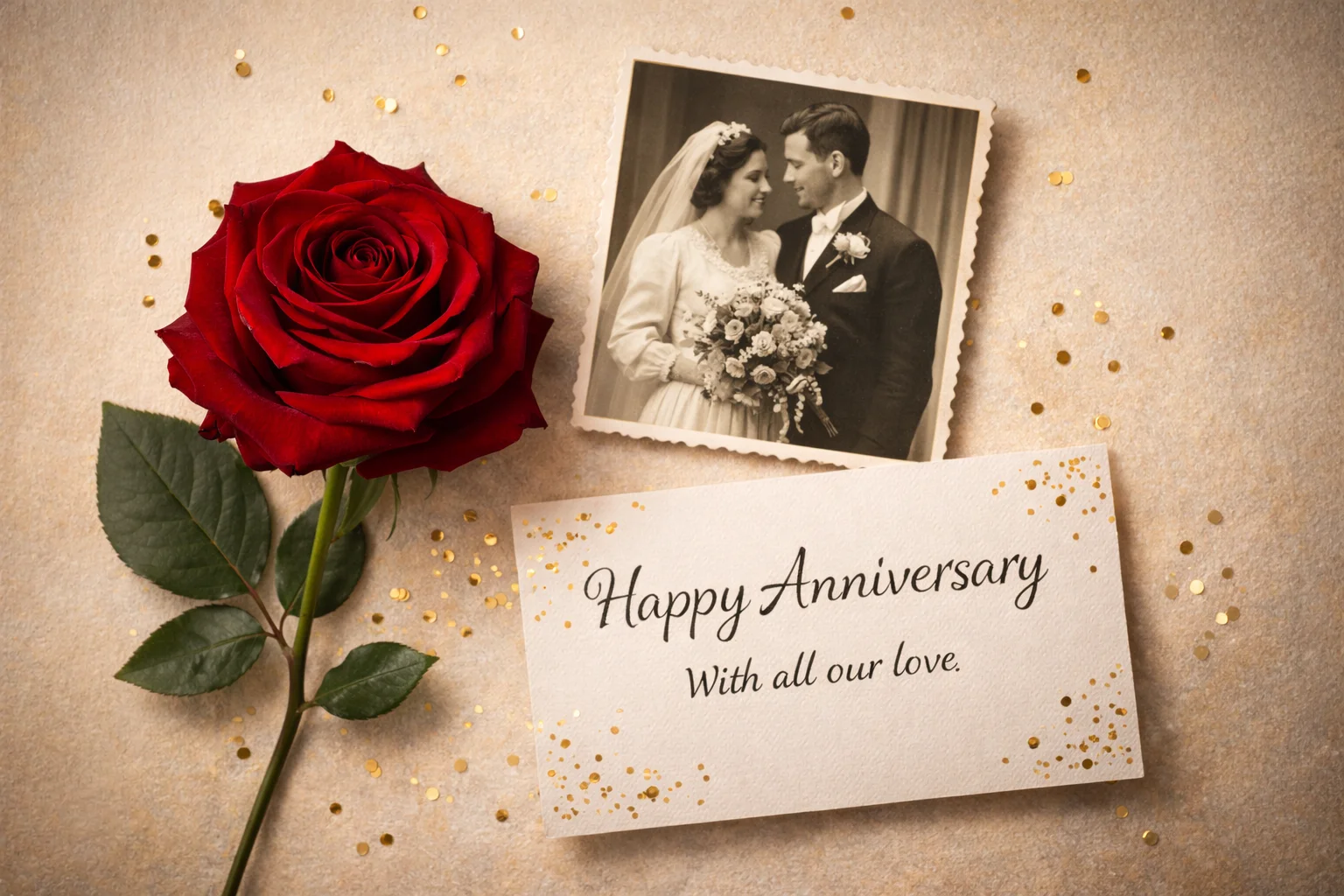 Ruby-themed flat-lay with rose and anniversary card for 40th milestone.”