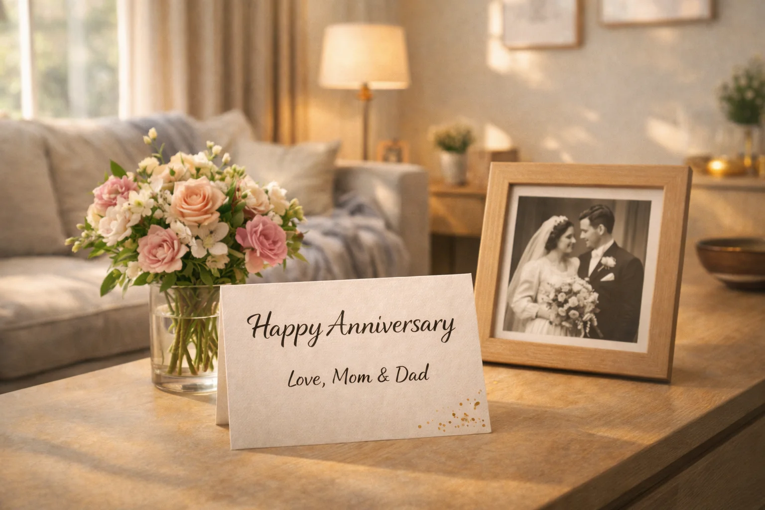 Anniversary card from parents on a console table beside a framed wedding photo.