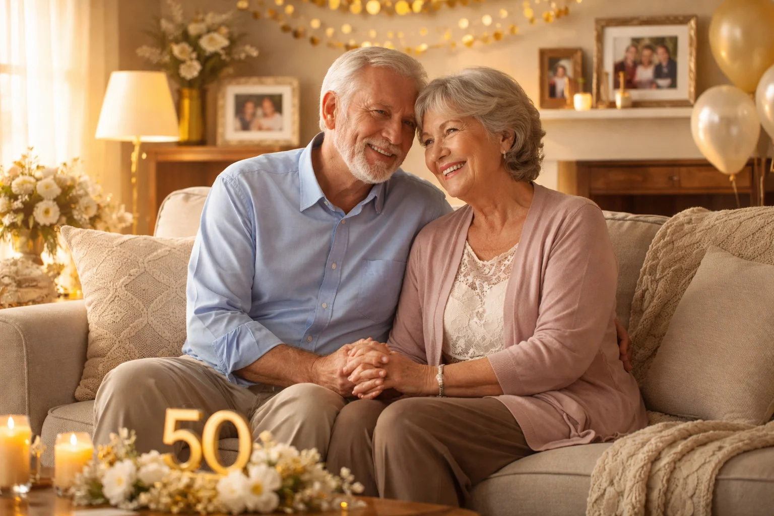 Older married couple smiling on a sofa surrounded by golden 50th anniversary decorations in their living room.