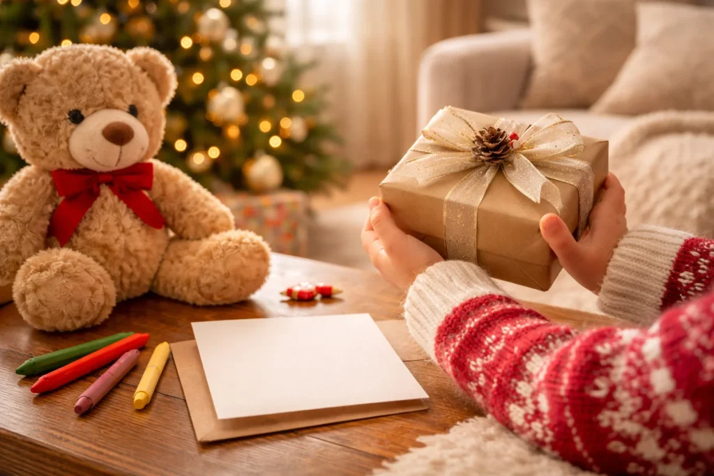 A child’s hands holding a ribboned gift near a teddy bear and a Christmas tree, matching Christmas Wishes For A Little Granddaughter.