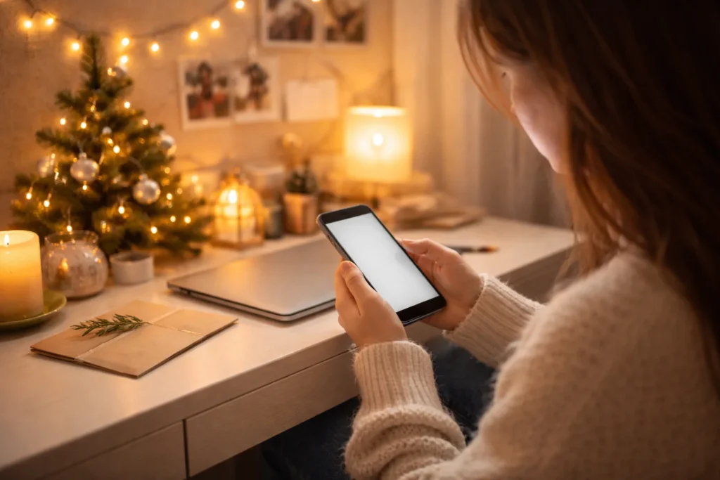 Grandma’s hands wrapping a small gift beside a blank holiday card near a Christmas tree, for Christmas Wishes For Granddaughter From Grandma.