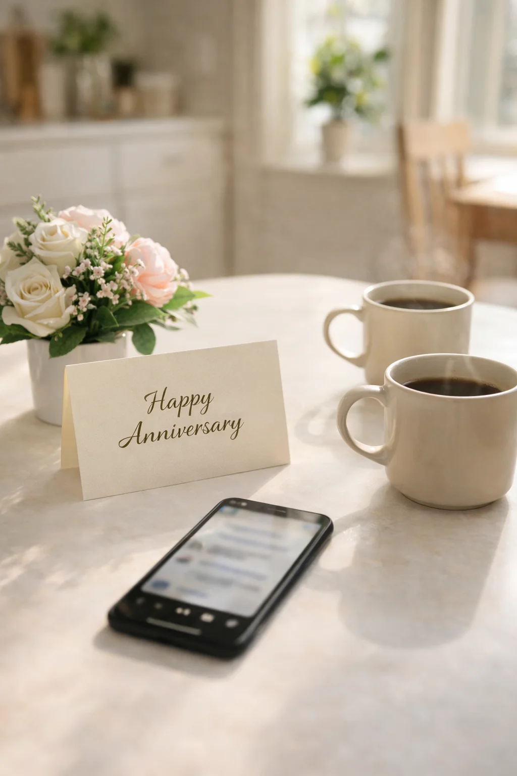 Anniversary card, phone, and mugs on a sunlit table for sister wishes.