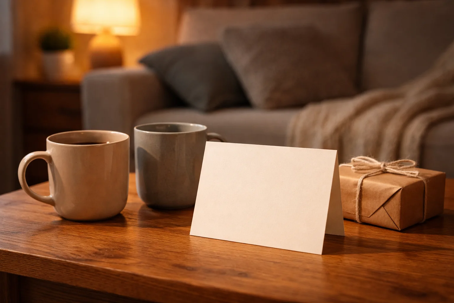 Blank anniversary card and gift on a cozy family table.