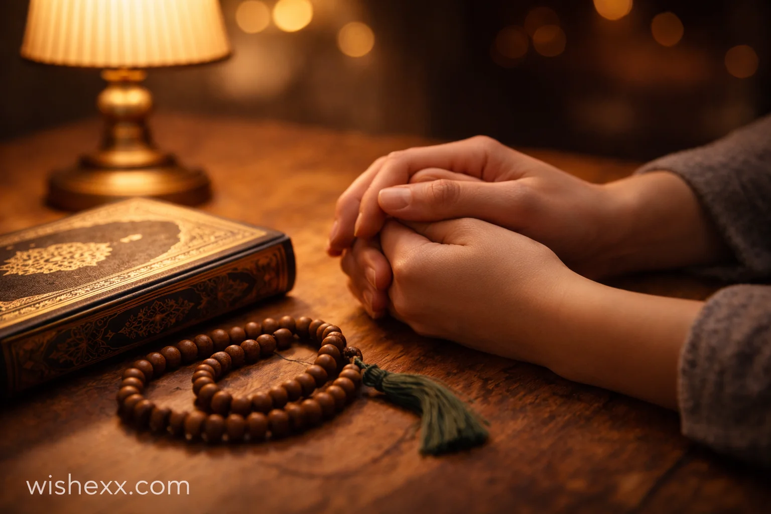 A couple’s hands rest beside prayer beads and a closed Qur’an on a warm-lit table.