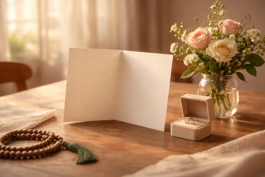 A blank anniversary card with flowers and prayer beads on a warm-lit table.