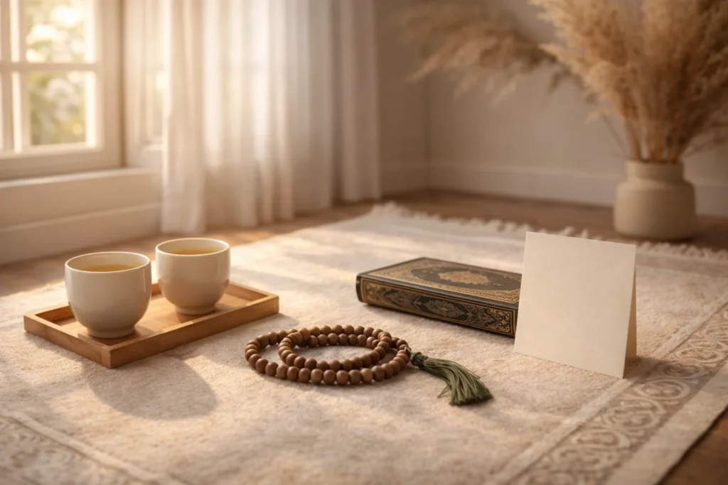 Prayer beads, a closed Qur’an, and a blank note card beside two tea cups.
