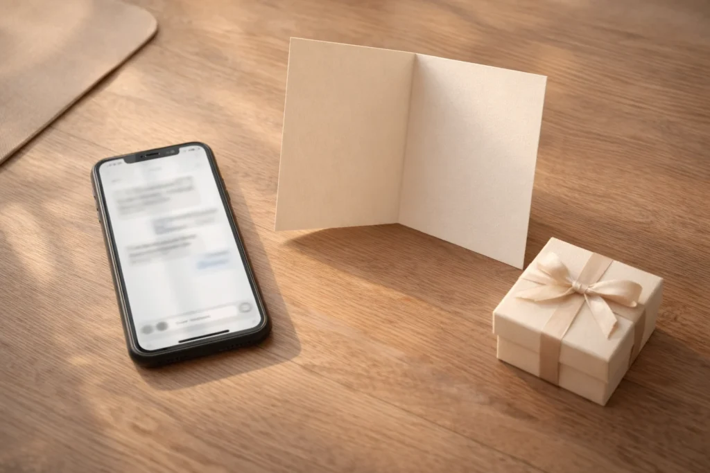 A phone with a generic message screen beside a blank card and a small gift box.