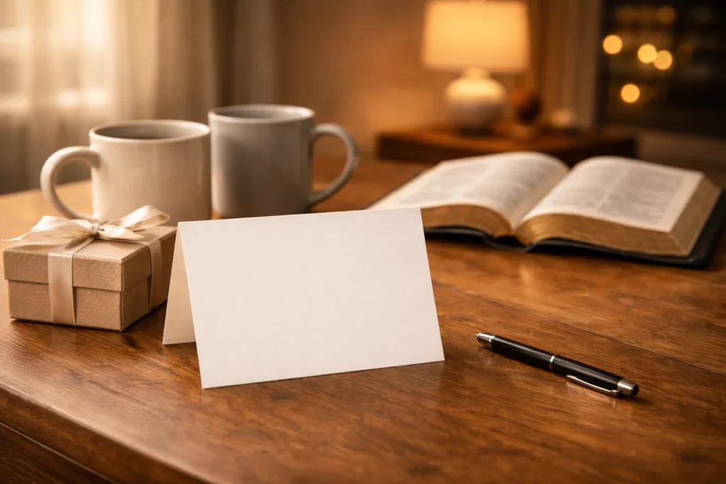 A blank anniversary card, pen, two mugs, and an open Bible on a cozy table create a warm scene for biblical wedding anniversary wishes and Christian Anniversary Messages For Husband.