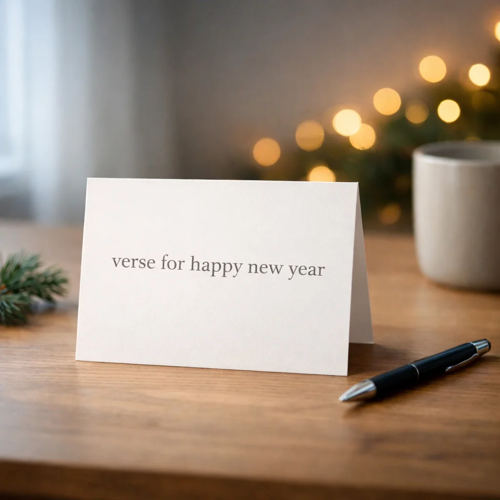 Blank New Year greeting card on a desk with a pen.