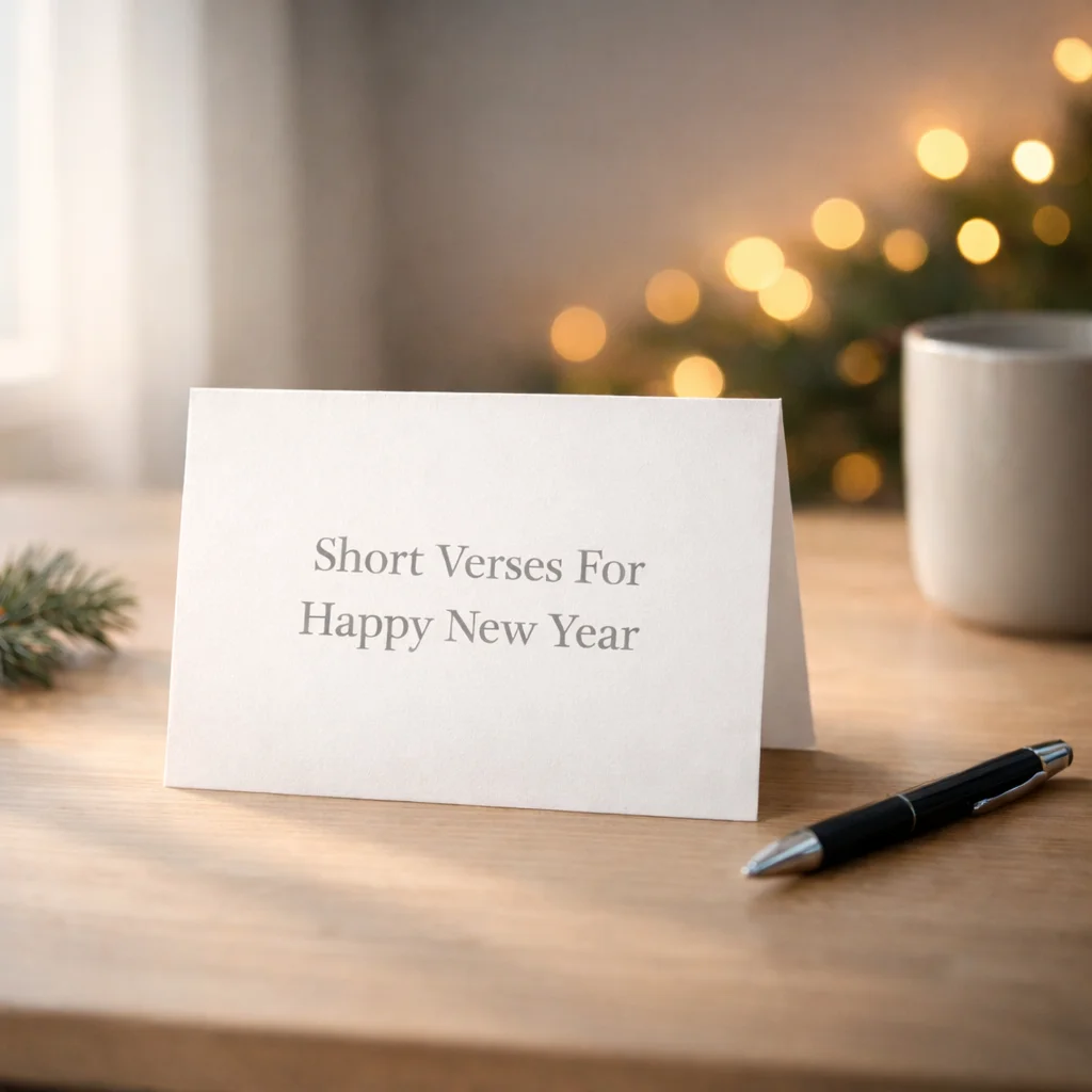 A blank New Year greeting card on a cozy desk with a pen and soft winter lights.