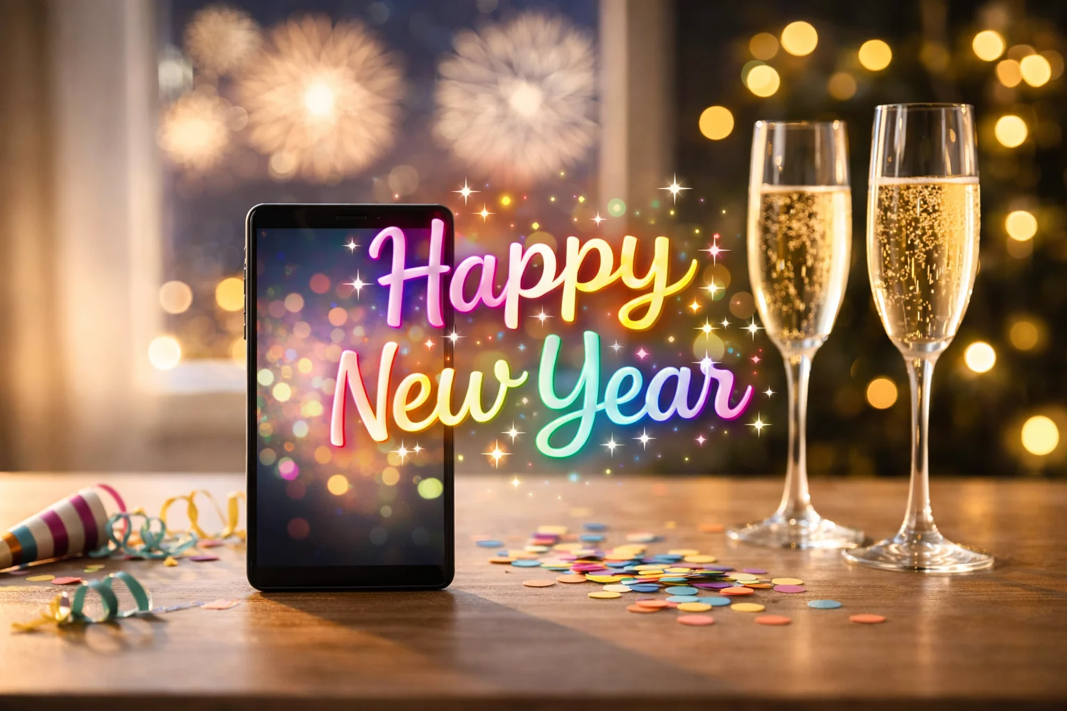 Phone on table with blurred New Year animation, confetti, and fireworks bokeh.