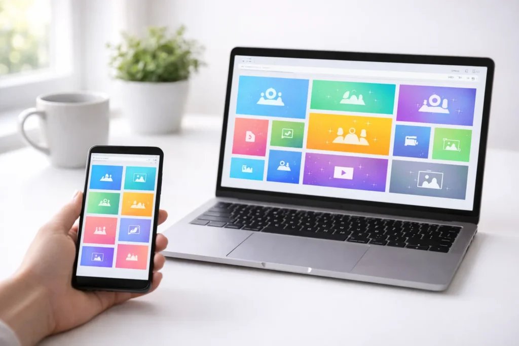 A phone and laptop on a bright desk showing a generic media gallery while searching for a New Year GIF.