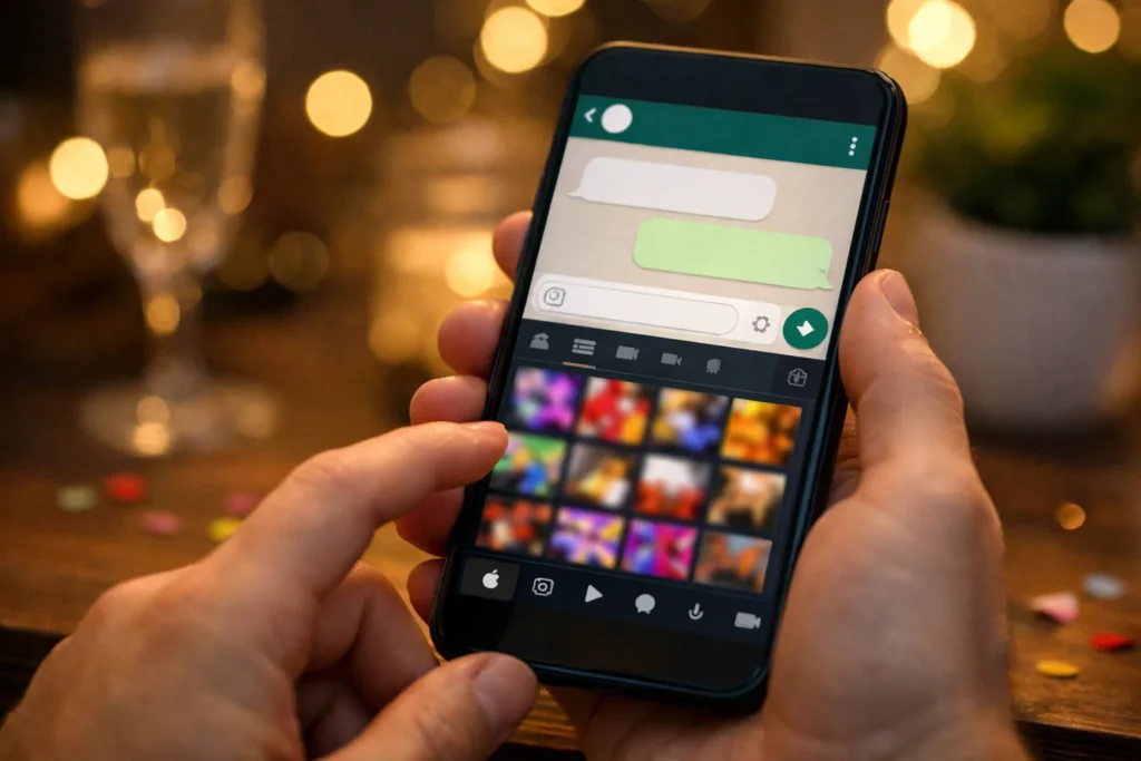 A smartphone showing a generic chat screen with a GIF picker open for sending a New Year GIF.