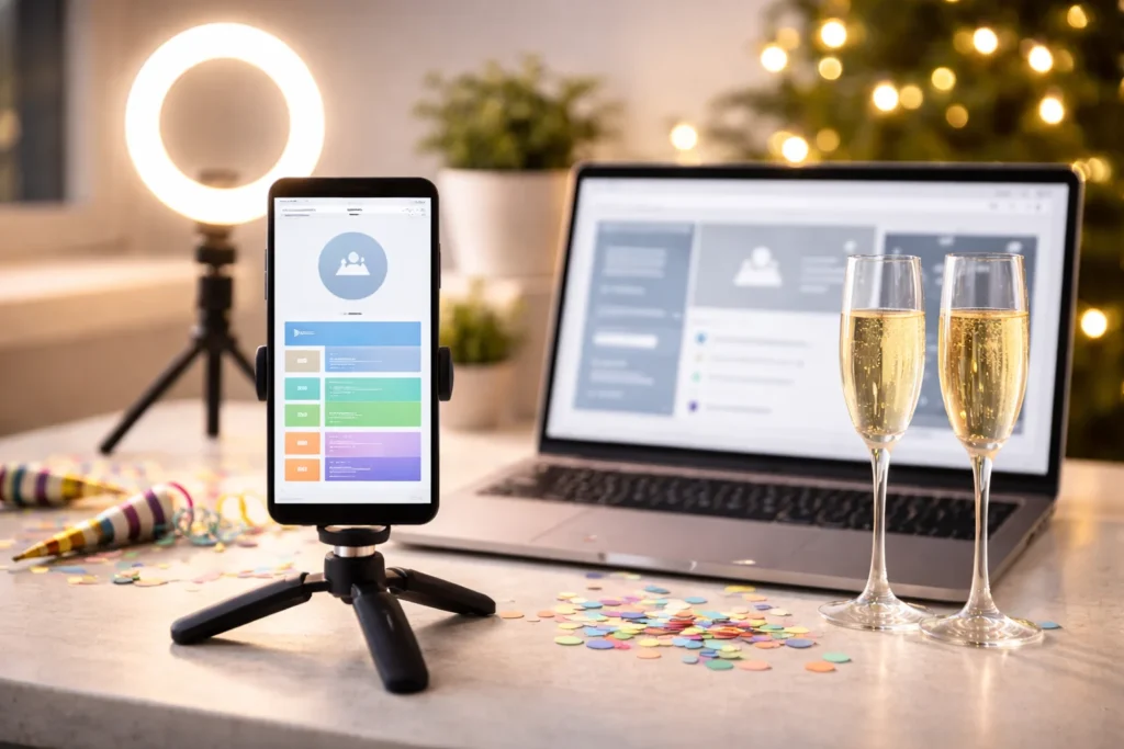 A phone on a tripod beside a laptop in a creator setup, ready to upload a New Year clip for Reels.