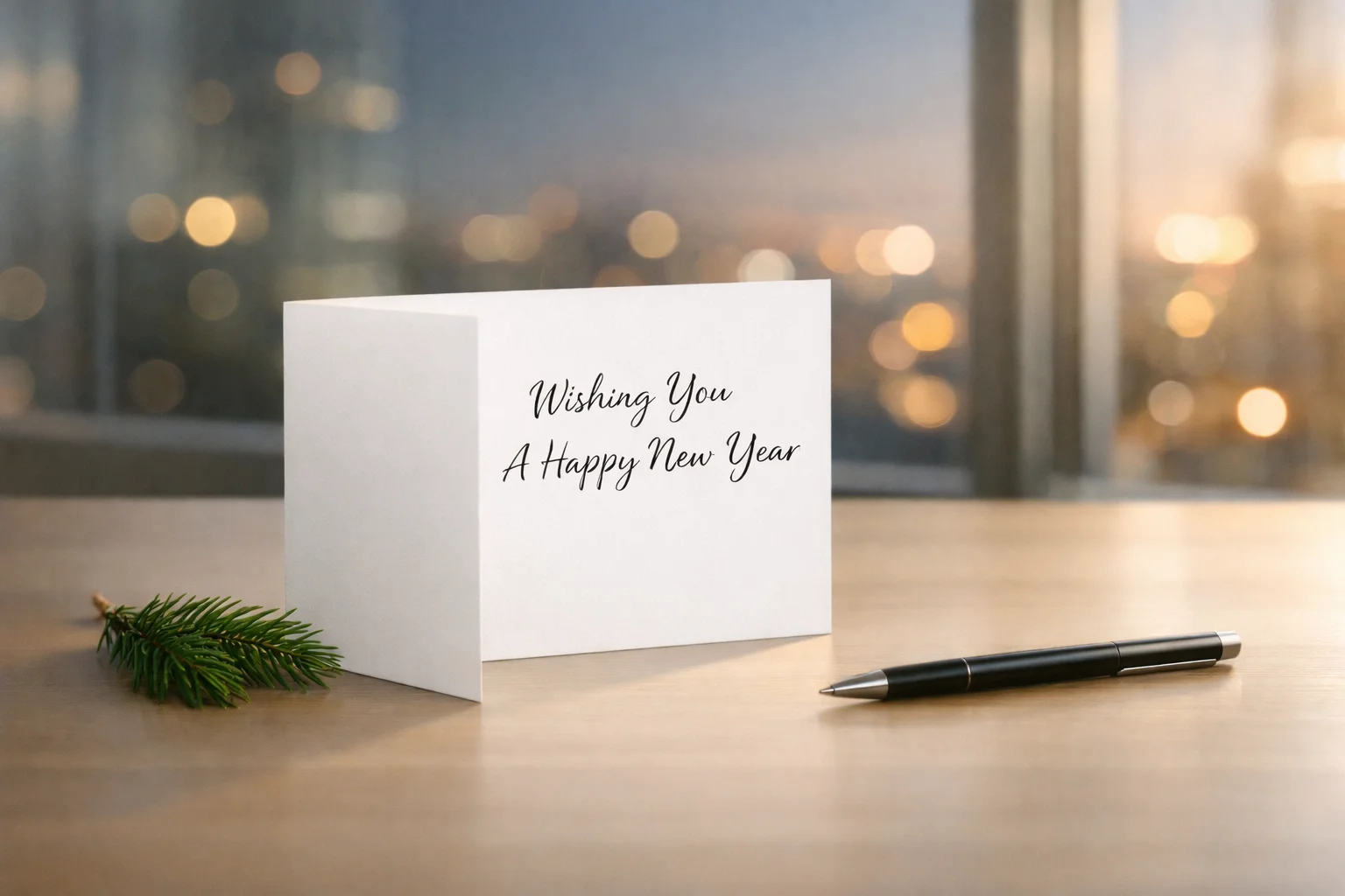 A blank greeting card on a modern desk with warm light for a New Year message.