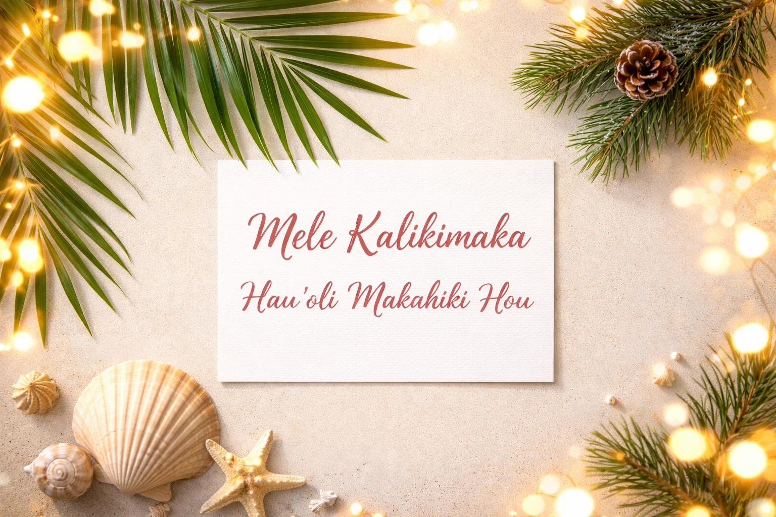 Tropical holiday desk with blank card, palm frond, and warm lights.