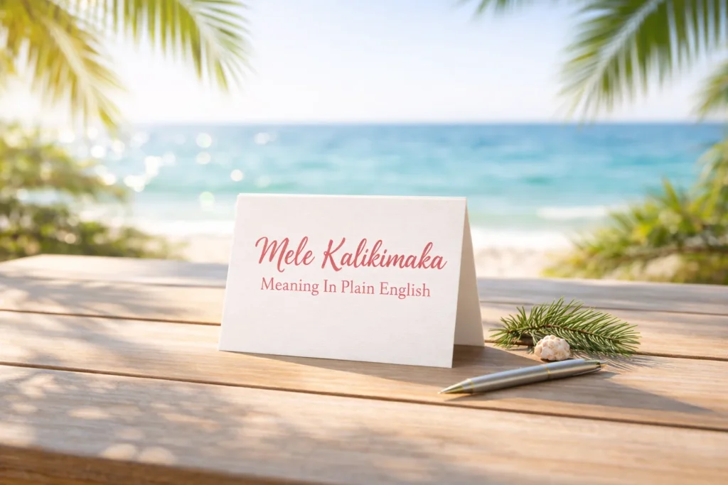 Photorealistic beachside table with a blank greeting card, pen, pine sprig, and seashell in soft morning light.
