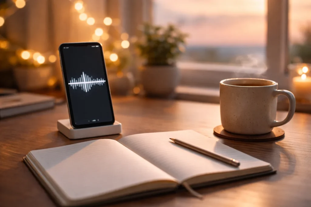Photorealistic desk with a phone voice-recording screen, blank notebook, and warm lights in the background.
