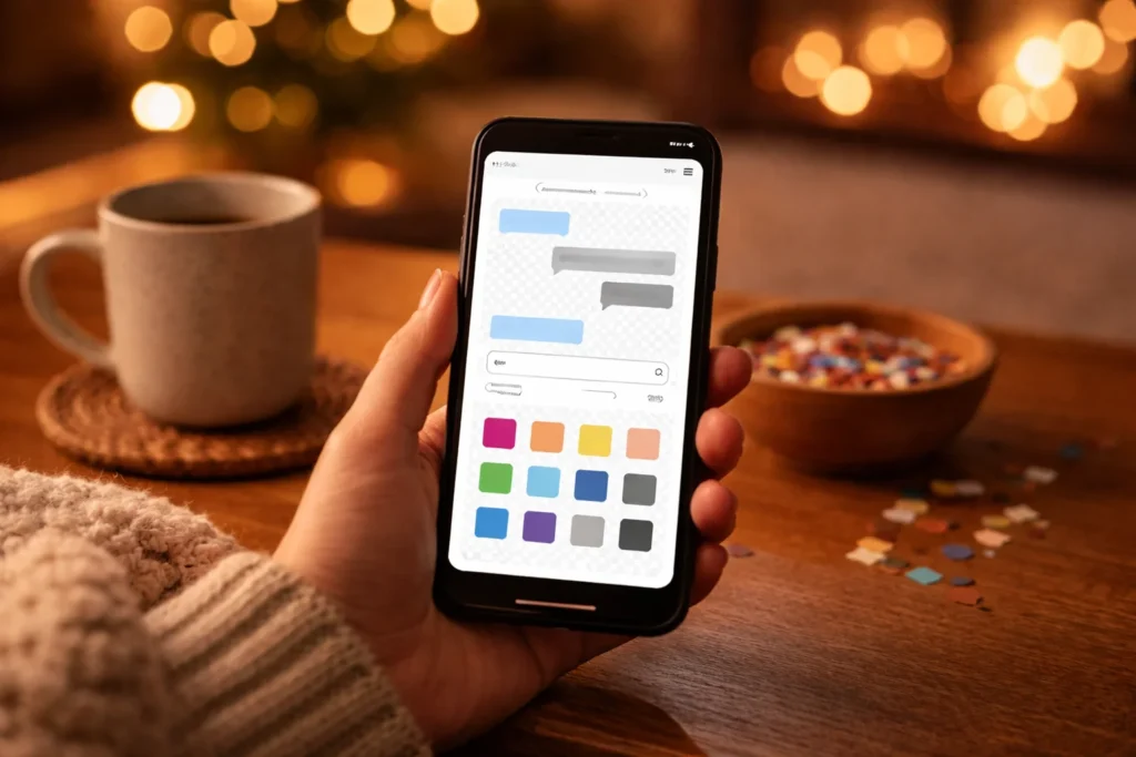A smartphone displaying a chat and sticker picker, showing transparent happy new year use for WhatsApp and Transparent Happy New Year for WhatsApp & Chat Stickers.