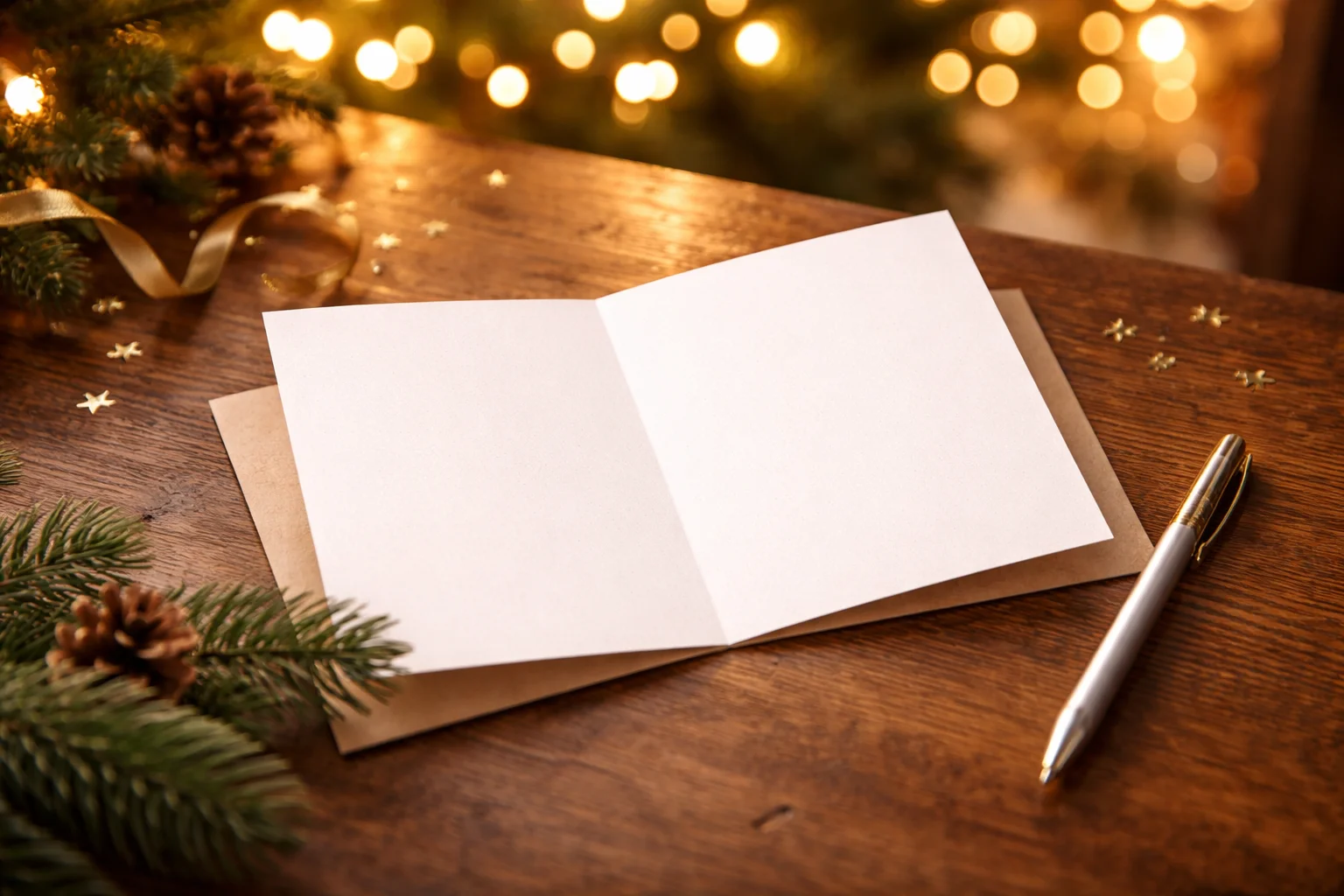 Blank New Year card on a desk with warm lights and greenery.