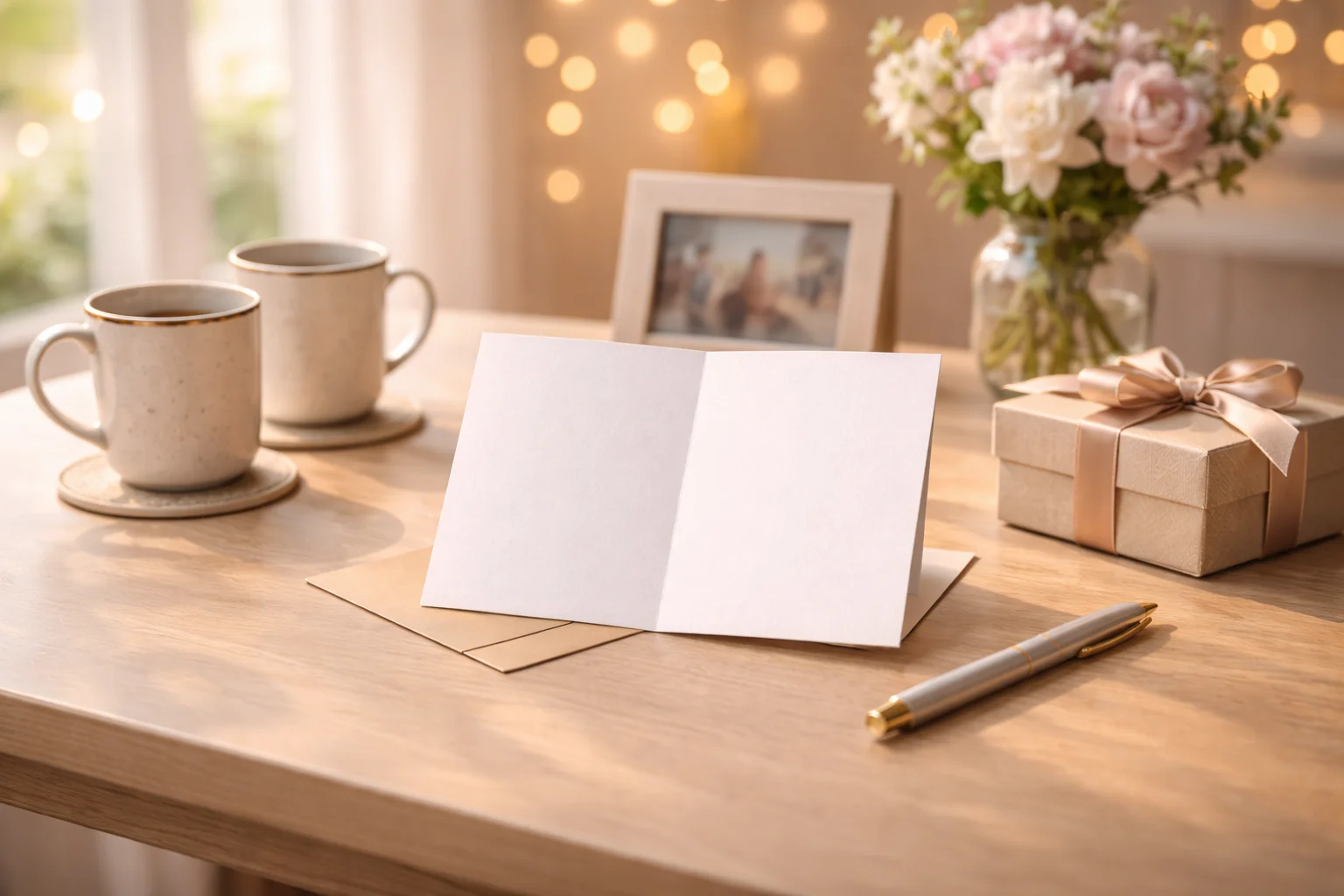 A blank anniversary card on a dining table with mugs, a ribboned gift, and warm string lights in the background.