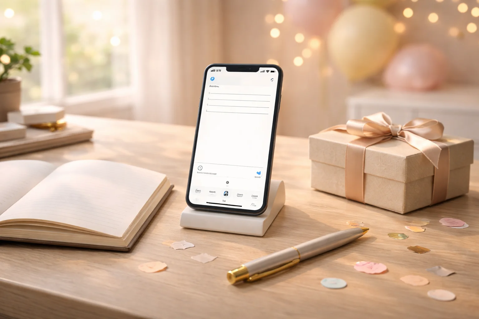 A smartphone on a desk with a blank social post screen, notebook, and small gift, representing wish captions for instagram.