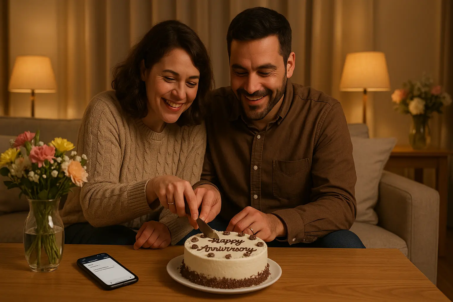Sister and brother celebrate an anniversary with a cake and flowers.