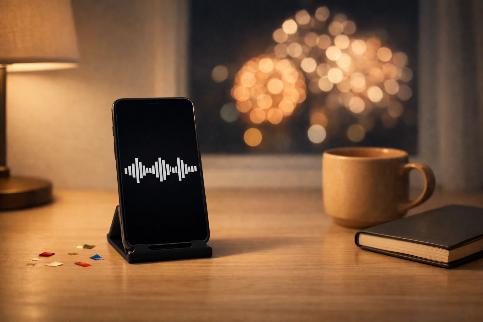 Phone on desk with audio waveform and confetti near fireworks bokeh.