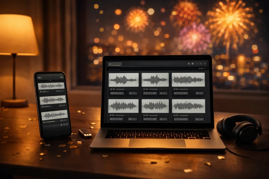 A modern desk at night with a phone and laptop showing a blank audio library layout, headphones, and confetti with fireworks bokeh outside.