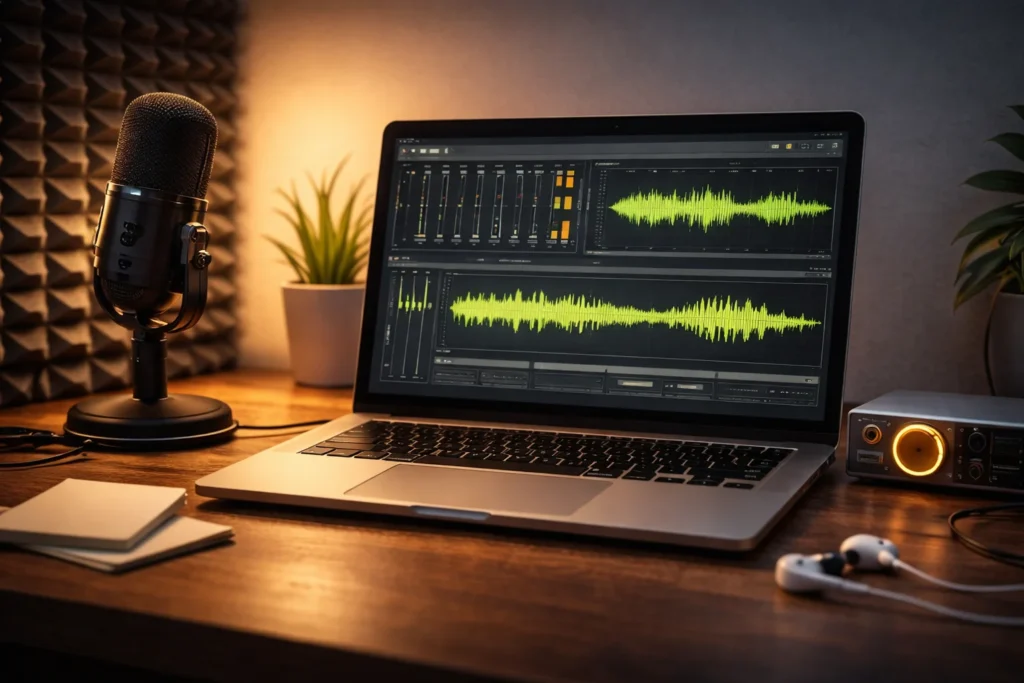 A clean audio editing desk with a laptop showing a blank waveform editor, a microphone, and simple sound controls.
