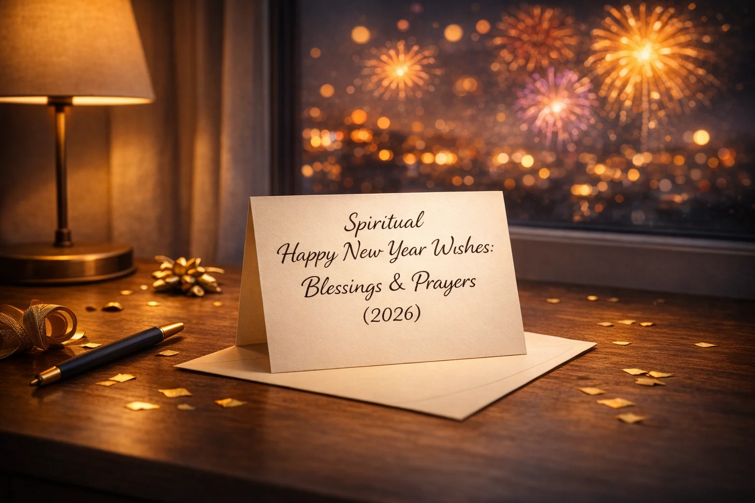 A cozy night desk scene with a greeting card reading “Spiritual Happy New Year Wishes: Blessings & Prayers (2026),” warm lamp glow, and fireworks bokeh outside the window.