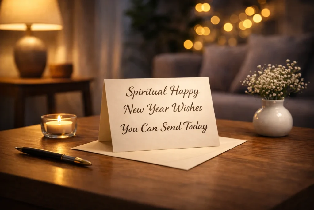 A warm lamp-lit side table with a blank greeting card, pen, candle, and soft bokeh lights in the background.