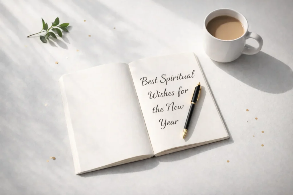 A clean flat-lay with a blank notebook, pen, mug, and small greenery in soft daylight.