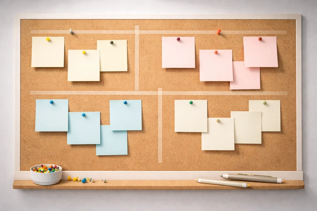 A neat board with blank sticky notes grouped into sections, pins, and clean minimal lighting.