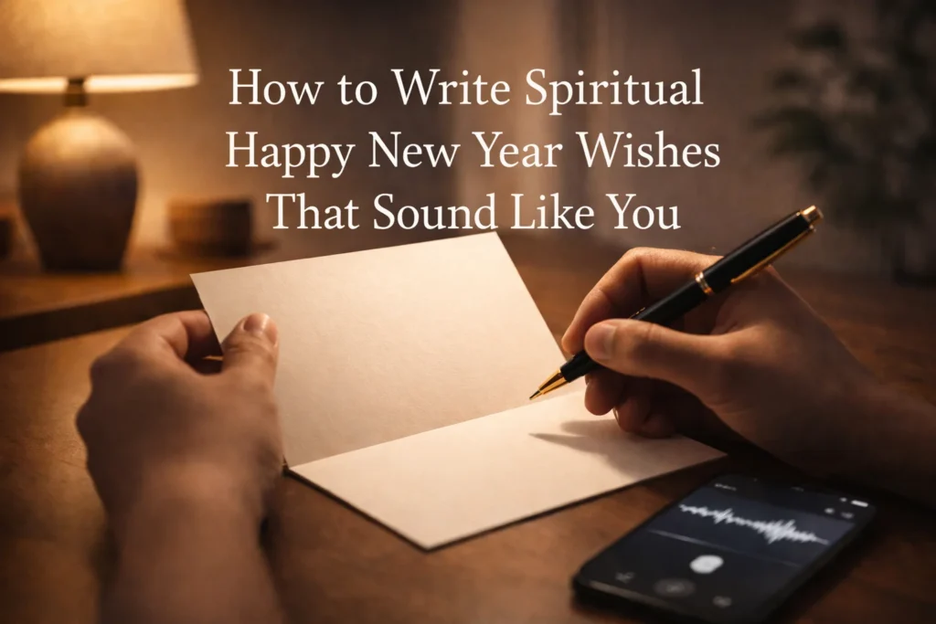 A warm nighttime desk with a blank card, pen, and phone showing a simple waveform screen.