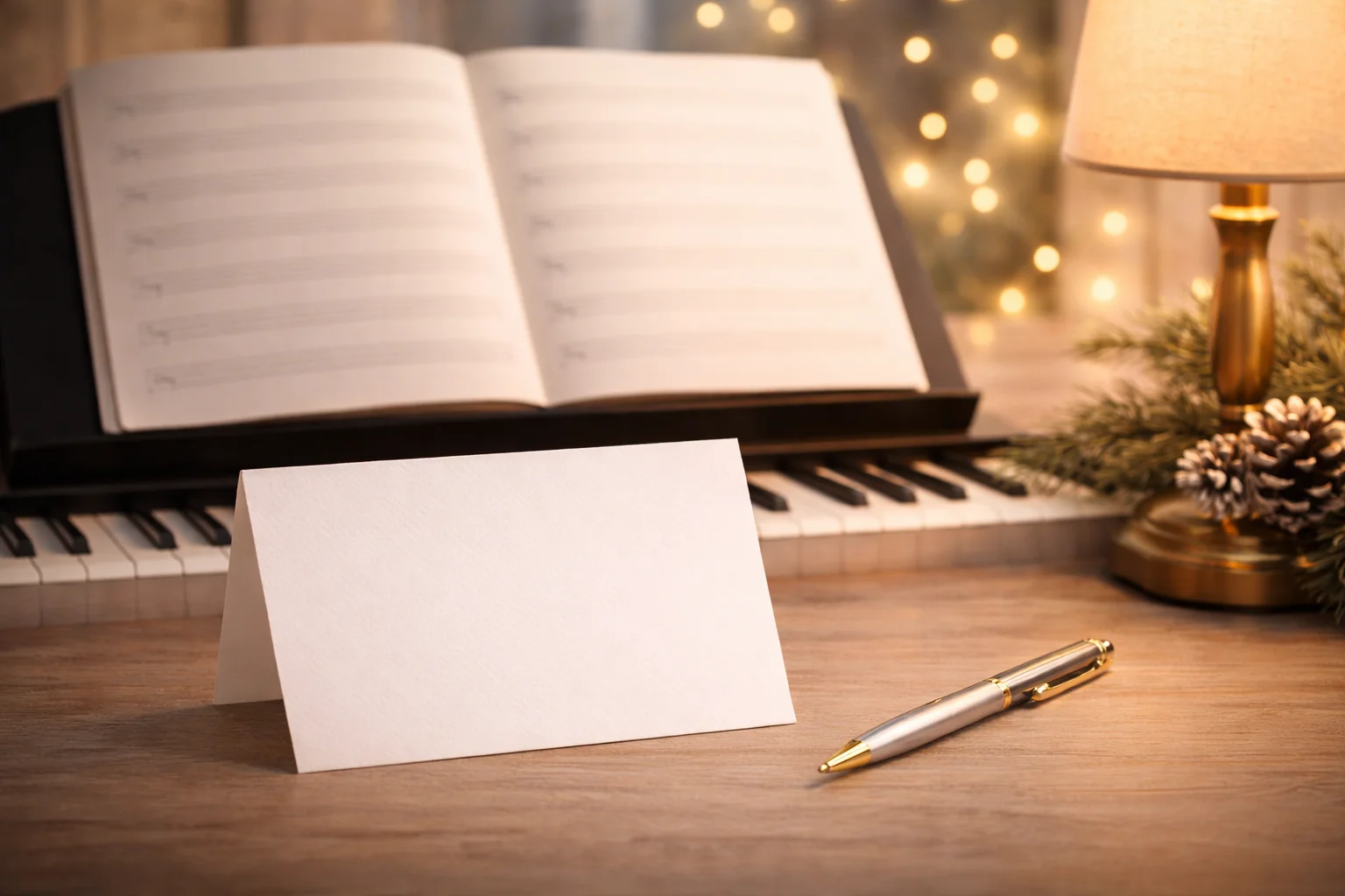 A cozy desk shows a piano sheet book with blank staff lines beside a blank greeting card and pen under warm New Year lights.