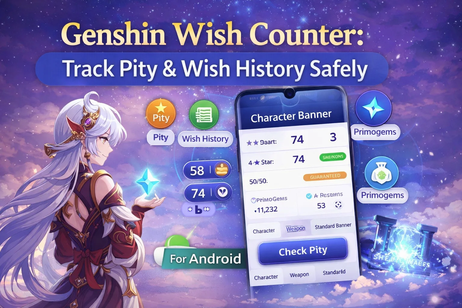 Feature image for Genshin Wish Counter showing pity tracking, wish history, Primogem stats, and Android support.