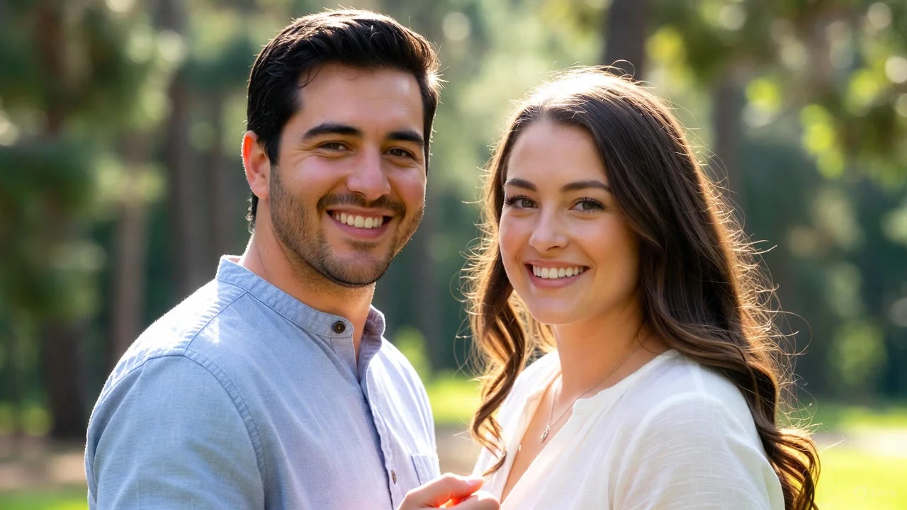 Parents looking at their daughter and son-in-law’s wedding photo in a cozy living room decorated for an anniversary.