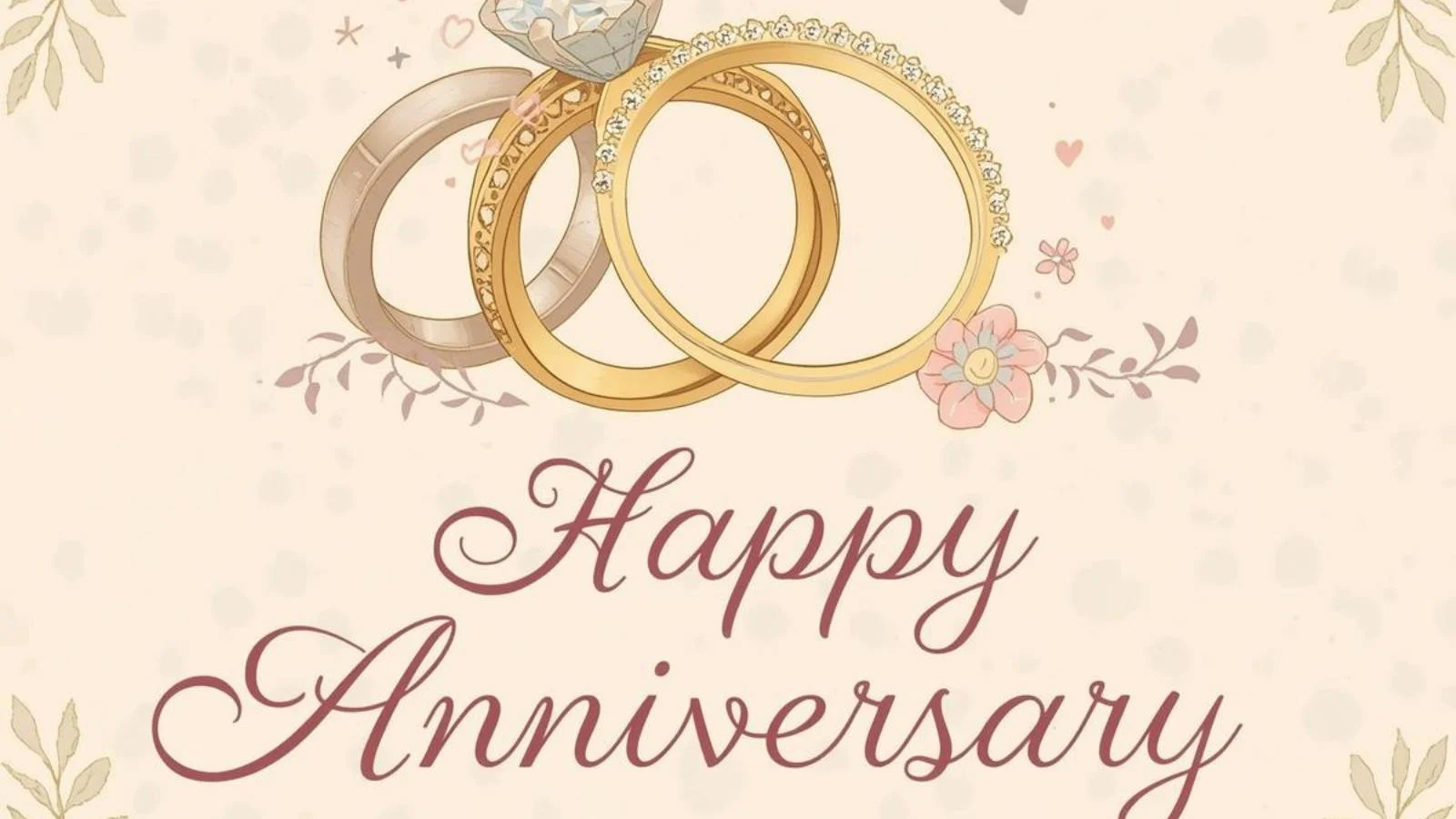 Elegant anniversary greeting card design with intertwined rings and floral accents.