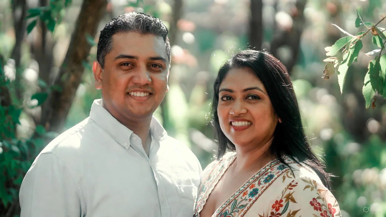 Adult child setting up an anniversary photo and flowers for smiling parents.