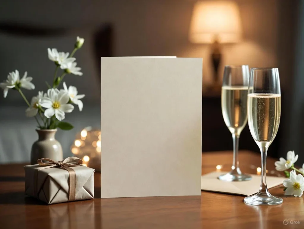 A cozy table setup with a blank greeting card, wrapped gift, flowers, and champagne glasses for wedding anniversary wishes for brother.