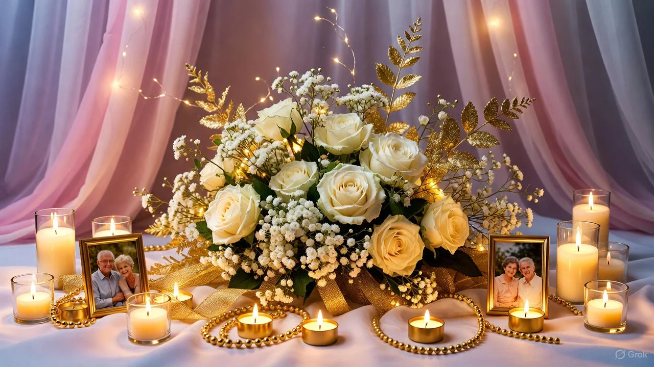 “Older couple celebrating their diamond anniversary under warm string lights.”