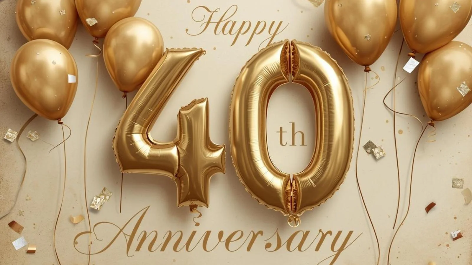 Greeting card design with golden “40” balloons and confetti celebrating 40th anniversary.