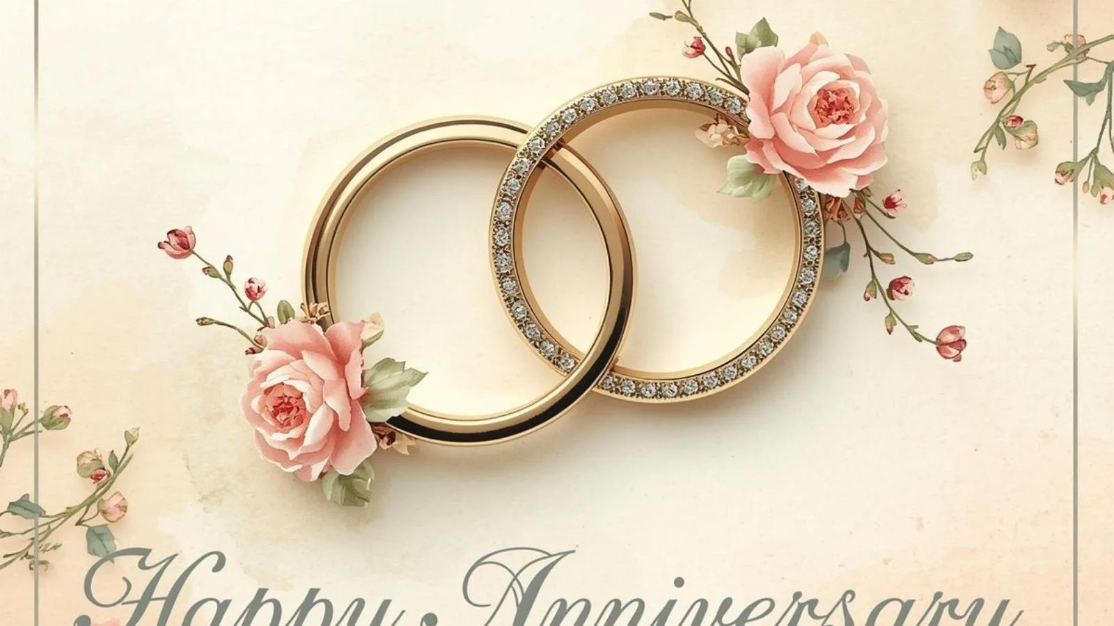 Elegant anniversary greeting card design with rings and floral accents.