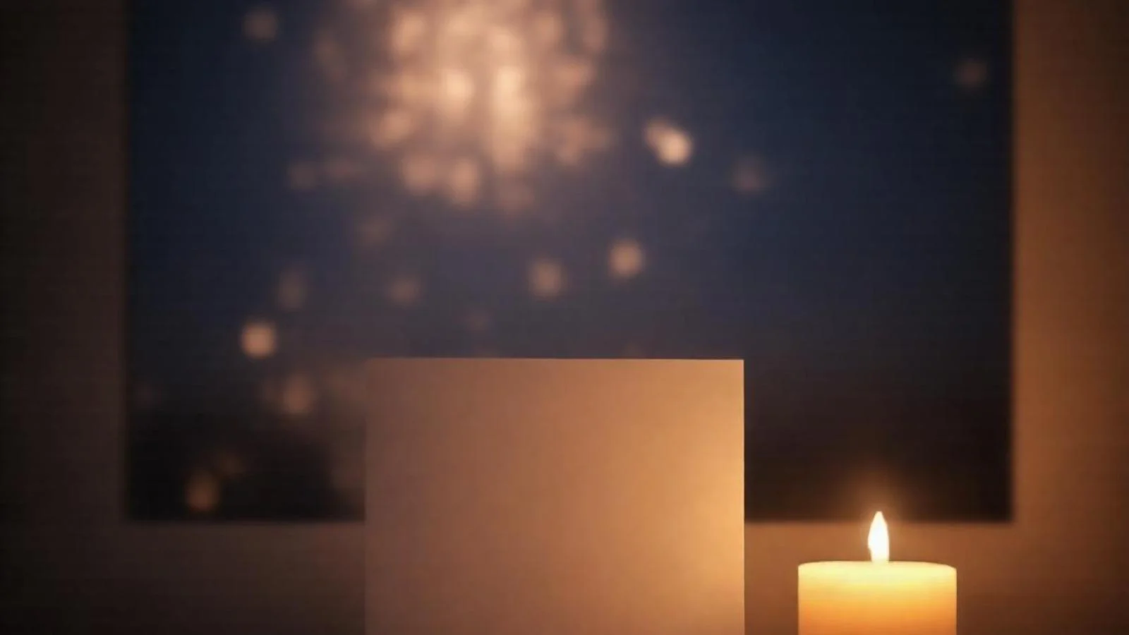 Cozy night desk with blank card, candle, and fireworks bokeh for spiritual New Year wishes.